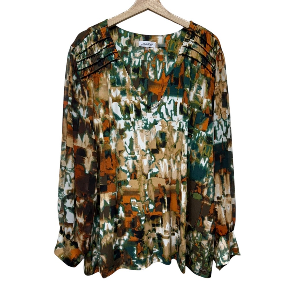 Calvin Klein Women 3X Top Artsy Abstract Long Sleeve Multicolor Stretch Office